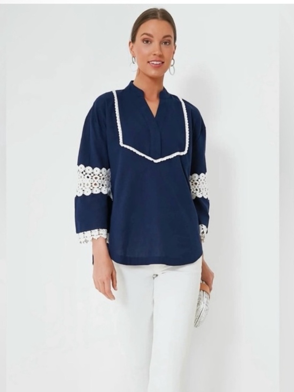 Tuckernuck Piper Navy Linen Blend Lace Trim Blouse Top Medium Coastal Preppy